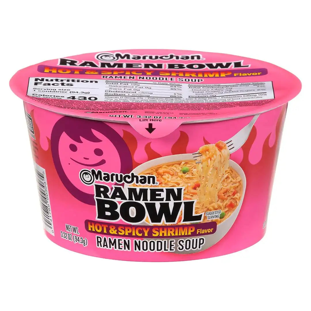 Maruchan Ramen Bowl, Hot & Spicy Shrimp Flavor – Japanese-Style Instant Noodle Soup, Microwaveable Easy Meal for Busy Families – 3.39 Oz. (6 Pack)