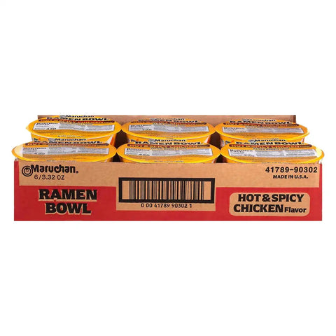 Maruchan Ramen Bowl, Hot & Spicy Chicken Flavor – Japanese-Style Instant Noodle Soup, Microwaveable Easy Meal for Busy Families – 3.39 Oz. (6 Pack)
