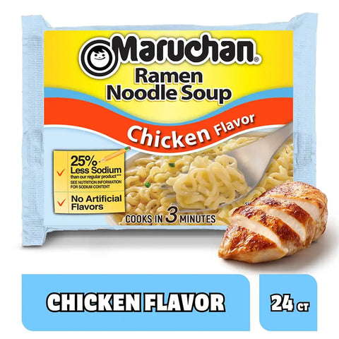 Maruchan Ramen Noodle Soup, Less Sodium Chicken Flavor – Japanese-Style Instant Noodles, Quick & Easy Meal for Kids, Students & Busy Families – 3 Oz. (24 Pack)
