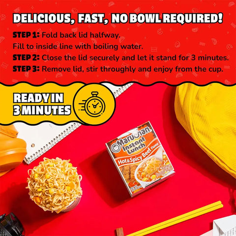 Maruchan Instant Lunch Ramen Noodles, Hot & Spicy Beef Flavor – Japanese-Style Instant Noodle Soup, Easy Meal Ready in 3 Minutes – 2.25 Oz. (12 Pack)