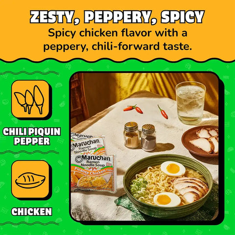Maruchan Ramen Noodle Soup, Picante Chicken Flavor – Japanese-Style Instant Noodles, Quick & Easy Meal for Students & Busy Families – 3 Oz. (24 Pack)