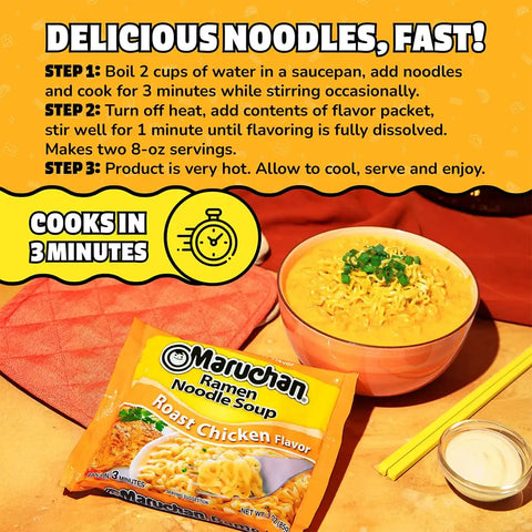 Maruchan Ramen Noodle Soup, Roast Chicken Flavor – Japanese-Style Instant Noodles, Quick & Easy Meal for Students & Busy Families – 3 Oz. (24 Pack)