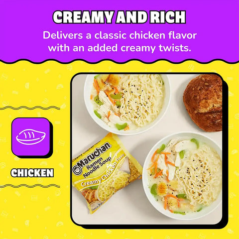 Maruchan Ramen Noodle Soup, Creamy Chicken Flavor – Japanese-Style Instant Noodles, Quick & Easy Meal for Students & Busy Families – 3 Oz. (24 Pack)