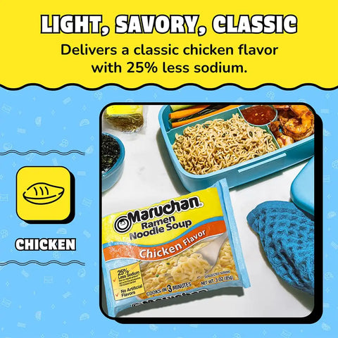Maruchan Ramen Noodle Soup, Less Sodium Chicken Flavor – Japanese-Style Instant Noodles, Quick & Easy Meal for Kids, Students & Busy Families – 3 Oz. (24 Pack)