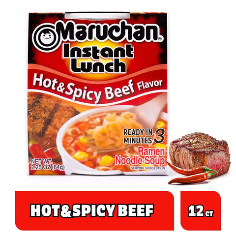 Maruchan Instant Lunch Ramen Noodles, Hot & Spicy Beef Flavor – Japanese-Style Instant Noodle Soup, Easy Meal Ready in 3 Minutes – 2.25 Oz. (12 Pack)