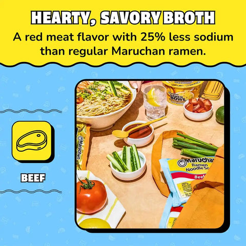 Maruchan Ramen Noodle Soup, Less Sodium Beef Flavor – Japanese-Style Instant Noodles, Quick & Easy Meal for Students & Busy Families – 3 Oz. (24 Pack)
