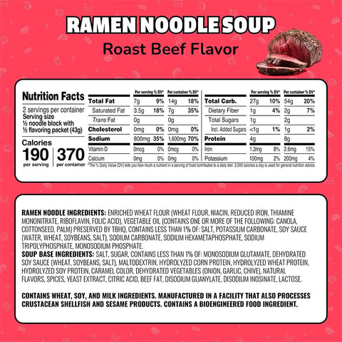 Maruchan Ramen Roast Beef,Instant Ramen Noodles,Ready to Eat Meals,3 Oz,(Pack of 48)