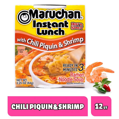 Maruchan Instant Lunch Ramen Noodles, Chili Piquin & Shrimp – Japanese-Style Instant Noodle Soup, Easy Meal Ready in 3 Minutes – 2.25 Oz. (12 Pack)