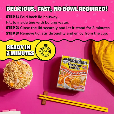 Maruchan Instant Lunch Ramen Noodles, Chili Piquin & Shrimp – Japanese-Style Instant Noodle Soup, Easy Meal Ready in 3 Minutes – 2.25 Oz. (12 Pack)