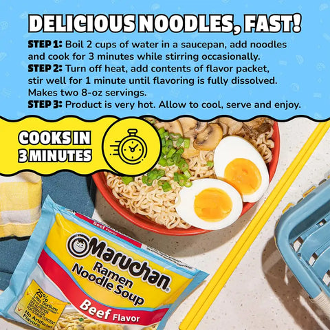 Maruchan Ramen Noodle Soup, Less Sodium Beef Flavor – Japanese-Style Instant Noodles, Quick & Easy Meal for Students & Busy Families – 3 Oz. (24 Pack)