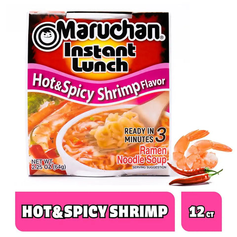 Maruchan Instant Lunch Ramen Noodles, Hot & Spicy Shrimp Flavor – Japanese-Style Instant Noodle Soup, Easy Meal Ready in 3 Minutes – 2.25 Oz. (12 Pack)