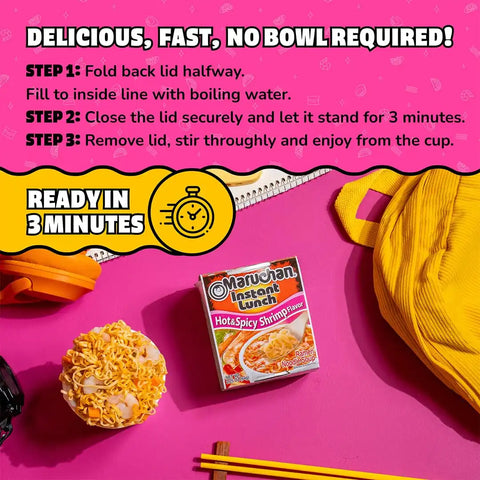Maruchan Instant Lunch Ramen Noodles, Hot & Spicy Shrimp Flavor – Japanese-Style Instant Noodle Soup, Easy Meal Ready in 3 Minutes – 2.25 Oz. (12 Pack)