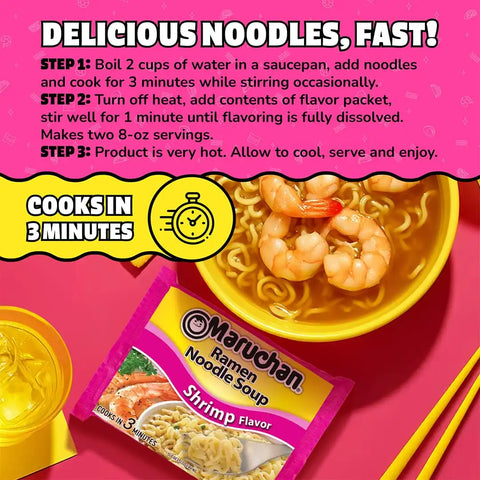 Maruchan Ramen Noodle Soup, Shrimp Flavor – Japanese-Style Instant Noodles, Quick & Easy Meal for Kids, Students & Busy Families – 3 Oz. (24 Pack) | Ready to Eat