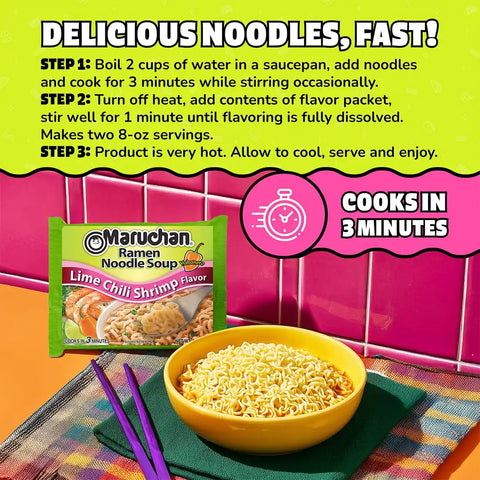 Maruchan Ramen Noodle Soup, Lime Chili Shrimp Flavor – Japanese-Style Instant Noodles, Quick & Easy Meal for Students & Busy Families – 3 Oz. (24 Pack)