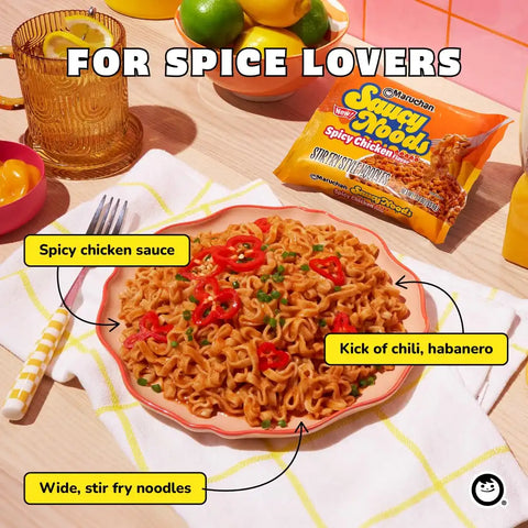 Maruchan Ramen Spicy Chicken Noodles, Saucy Noods – Stir Fry Style, Bold Korean-Inspired Sauce, Rich Flavor, Made in USA – 3.3 Oz. (20 Pack)