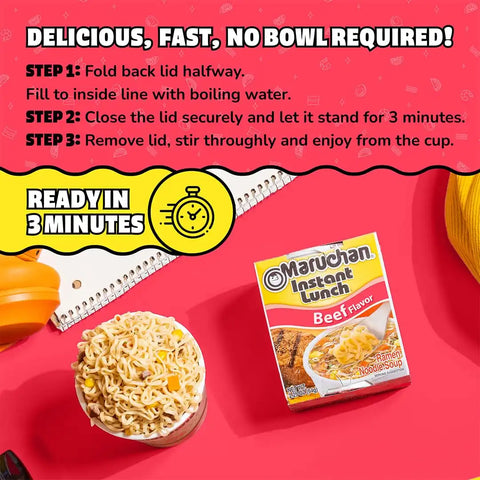 Maruchan Instant Lunch Ramen Noodles, Beef Flavor – Japanese-Style Instant Noodle Soup, Easy Meal Ready in 3 Minutes – 2.25 Oz. (12 Pack)