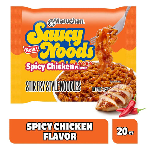 Maruchan Ramen Spicy Chicken Noodles, Saucy Noods – Stir Fry Style, Bold Korean-Inspired Sauce, Rich Flavor, Made in USA – 3.3 Oz. (20 Pack)
