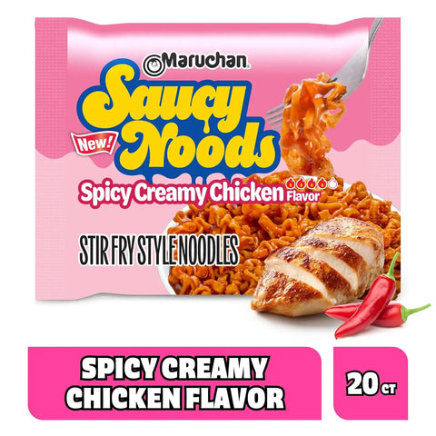 Maruchan Ramen Spicy Creamy Chicken Noodles, Saucy Noods – Stir Fry Style, Bold Korean-Inspired Sauce, Rich Flavor, Made in USA – 3.3 Oz. (20 Pack)