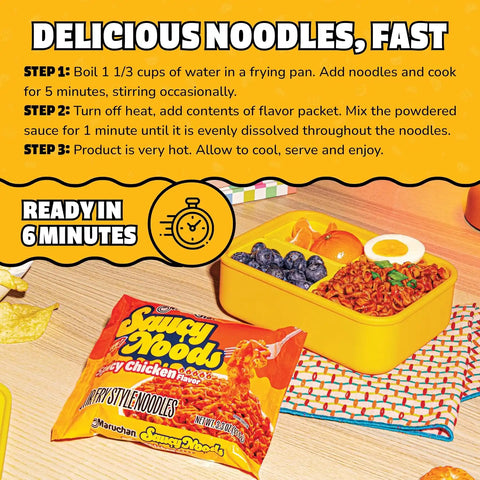 Maruchan Ramen Spicy Chicken Noodles, Saucy Noods – Stir Fry Style, Bold Korean-Inspired Sauce, Rich Flavor, Made in USA – 3.3 Oz. (20 Pack)